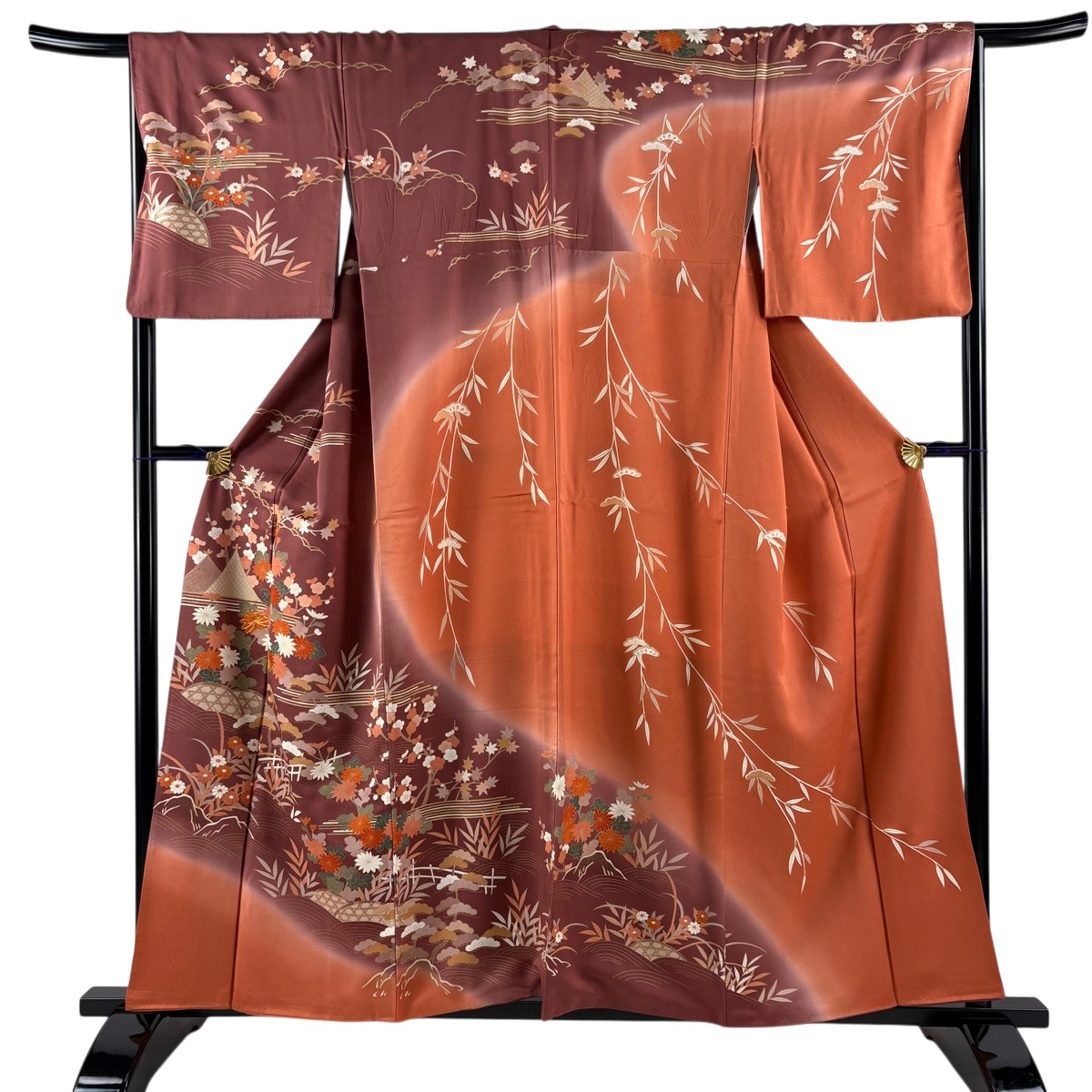 【美品】 短い訪問着 身の丈157糎 裄丈66.5糎 M 袷 枝梅 菊 金糸 金彩 赤紫 正絹 秀品 【中古】 msp30