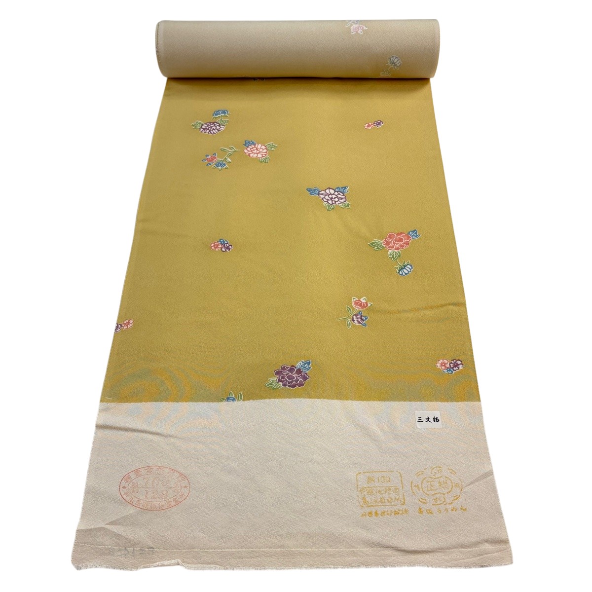 織り地 秀品 小紋 顕花植物 からし色 正絹 【中古】