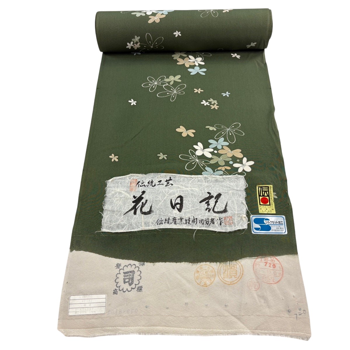 織り地 秀品 小紋 花柄 緑 正絹 【中古】