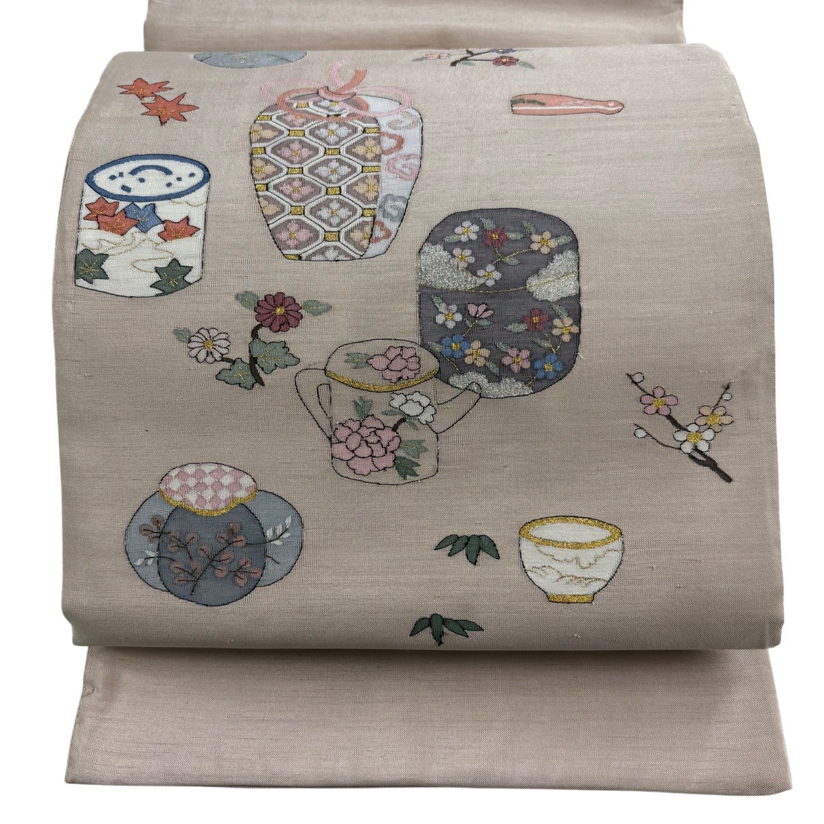 袋帯 珠玉 茶道具 顕花植物 現ナマ糸 ベージュ お太鼓柄 正絹 【中古】