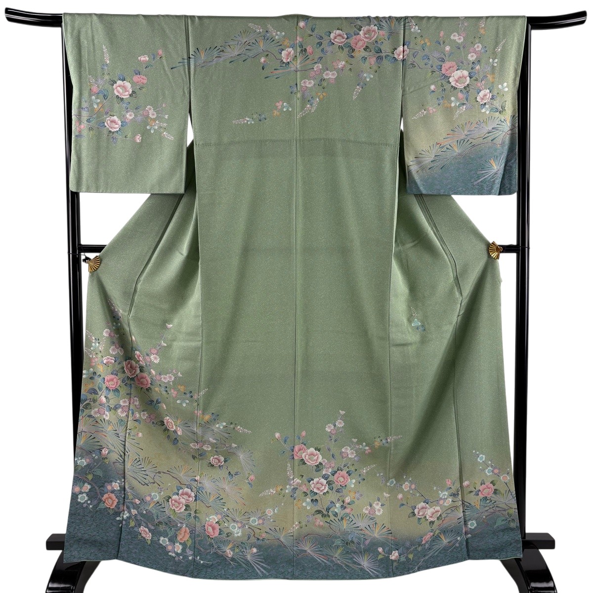 【美品】 短い訪問着 身の丈166.5糎 裄丈66糎 M 袷 枝花 松 金彩 ぼかし 薄緑 正絹 秀品 【中古】 msp30