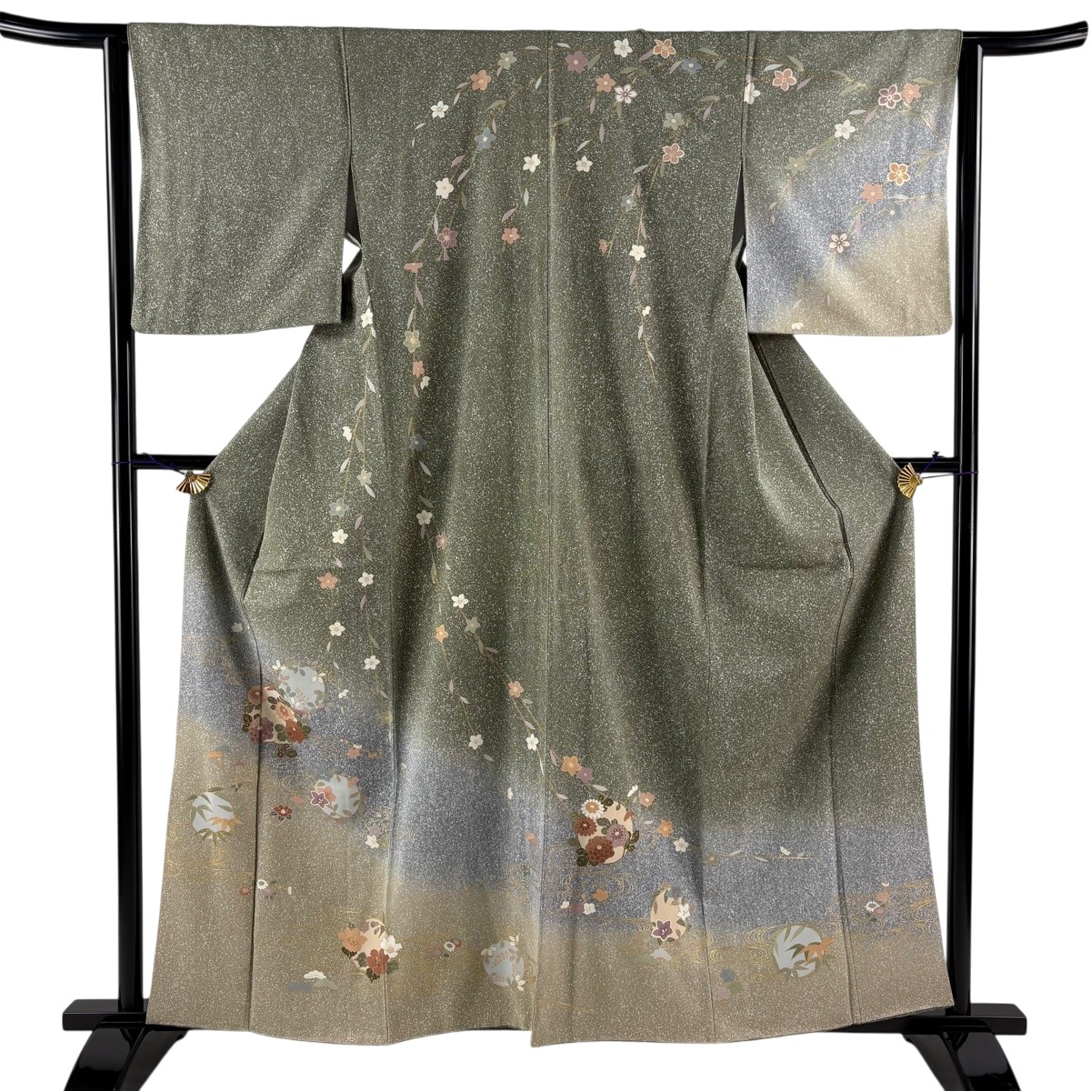 【美品】 短い訪問着 身の丈160.5糎 裄丈63.5糎 S 袷 花丸文 水流 金彩 染め分け 灰緑 正絹 秀品 【中古】 msp30
