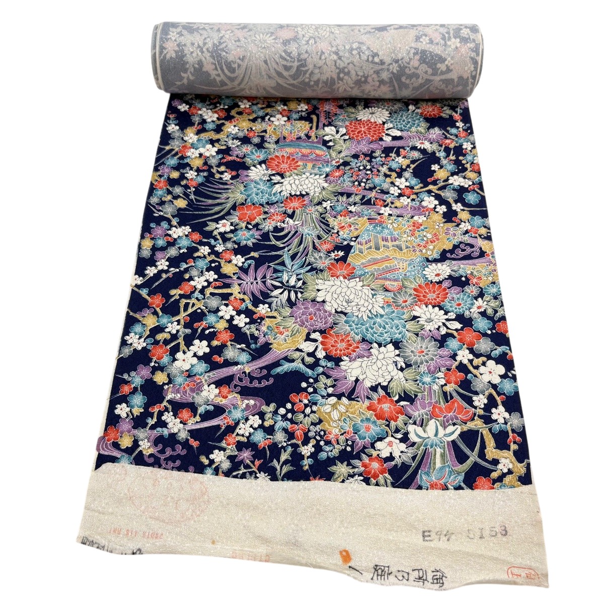 織り地 秀品 菊 枝花 紺色 正絹 【中古】