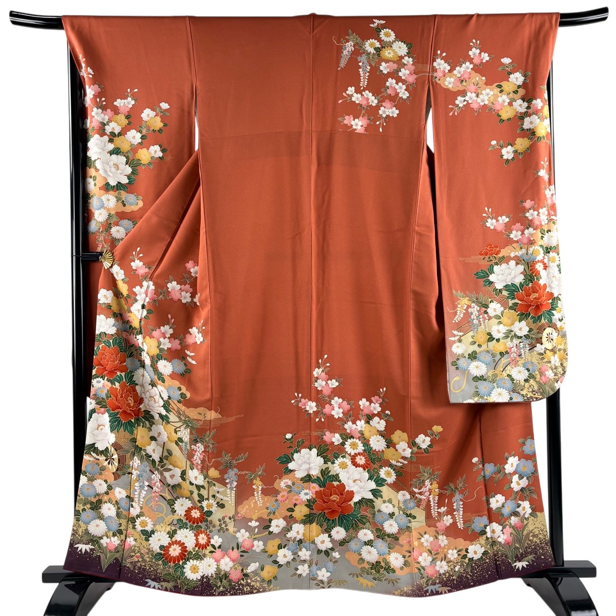 【美品】 振袖 身の丈162.5糎 裄丈68糎 L 袷 割れ易い 幔幕 金糸 金彩 赤茶 正絹 秀品 【中古】 msp30