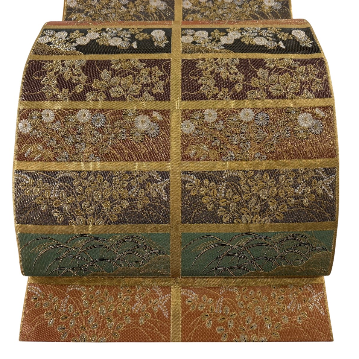 袋帯 珠玉 河村織り地 名書きあり 高台寺秋草蒔絵紋 金糸 箔 金色 六通 正絹 【中古】