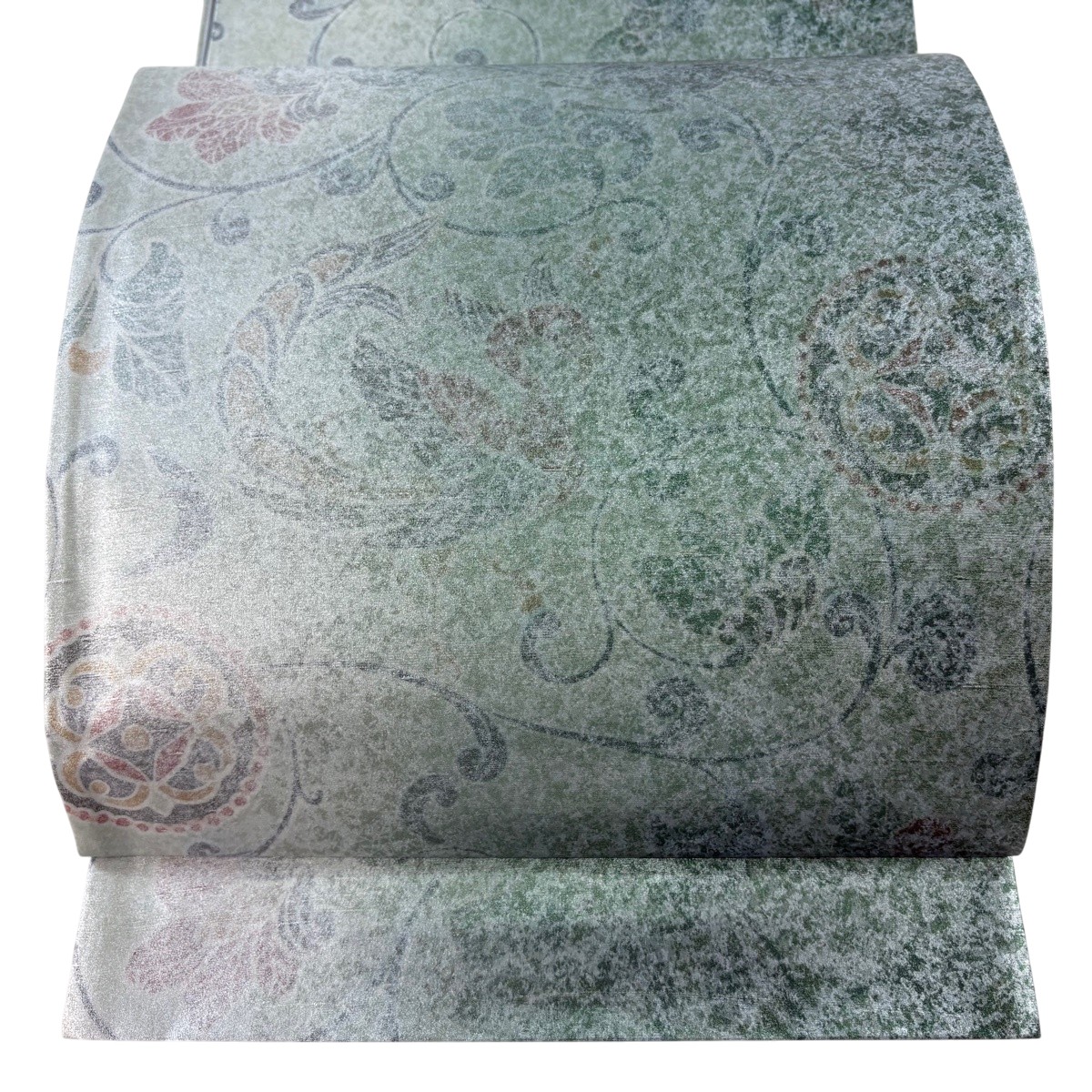 【美品】 袋帯 珠玉 書き判あり 牛首紬 花唐草 鳥 箔 緑 全通 正絹 【中古】