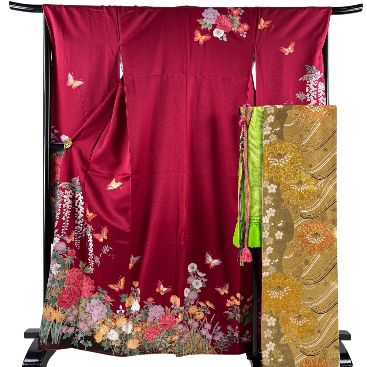 【美品】 振袖 身たけ165.5糎 裄丈68糎 L 袷 袋帯フルセット 蝶 藤 金彩 赤 正絹 秀品 【中古】
