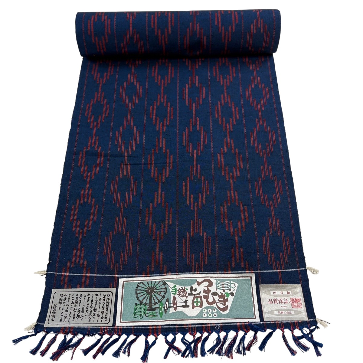 布切れ 秀品 紬 上田つむぎ 証紙 縞 幾何学学飾りつけ 紺色 正絹 【中古】
