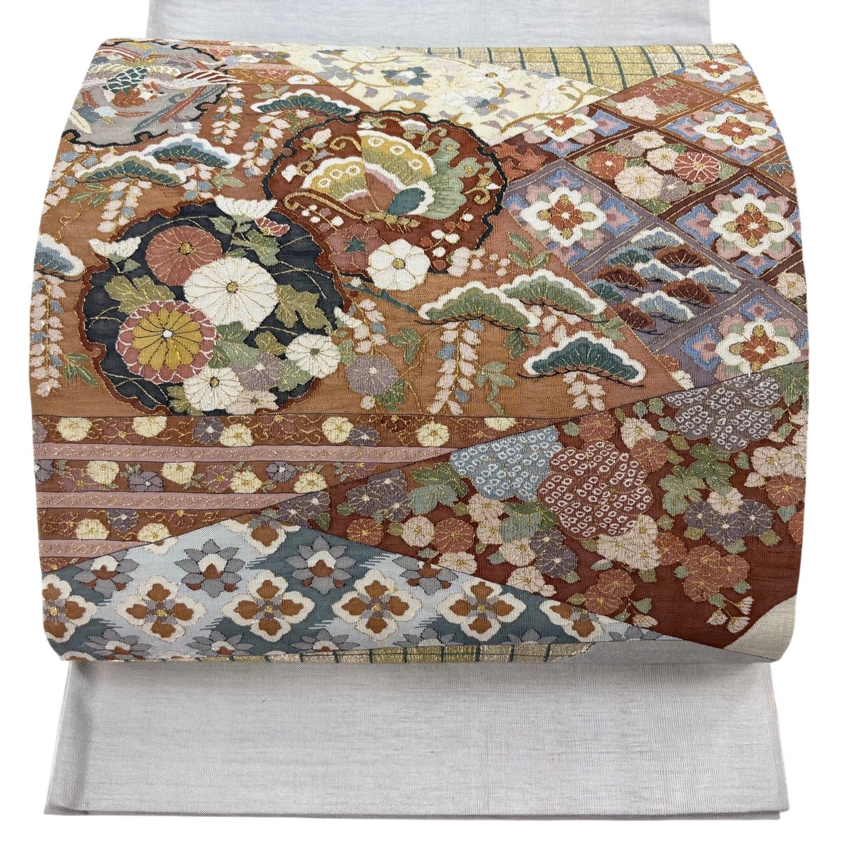 袋帯 珠玉 雪輪 菊 金糸 赤銅色 お太鼓柄 正絹 【中古】
