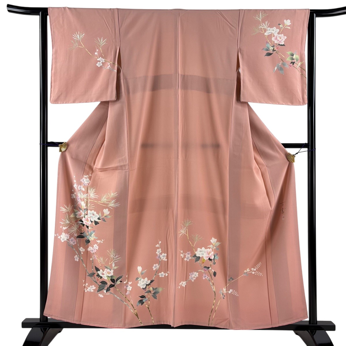 【美品】 付下げ 身たけ157.5糎 裄丈62.5糎 S 袷 百貫石峰 書き判あり 枝花 枝梅 サクラ色 正絹 珠玉 【中古】