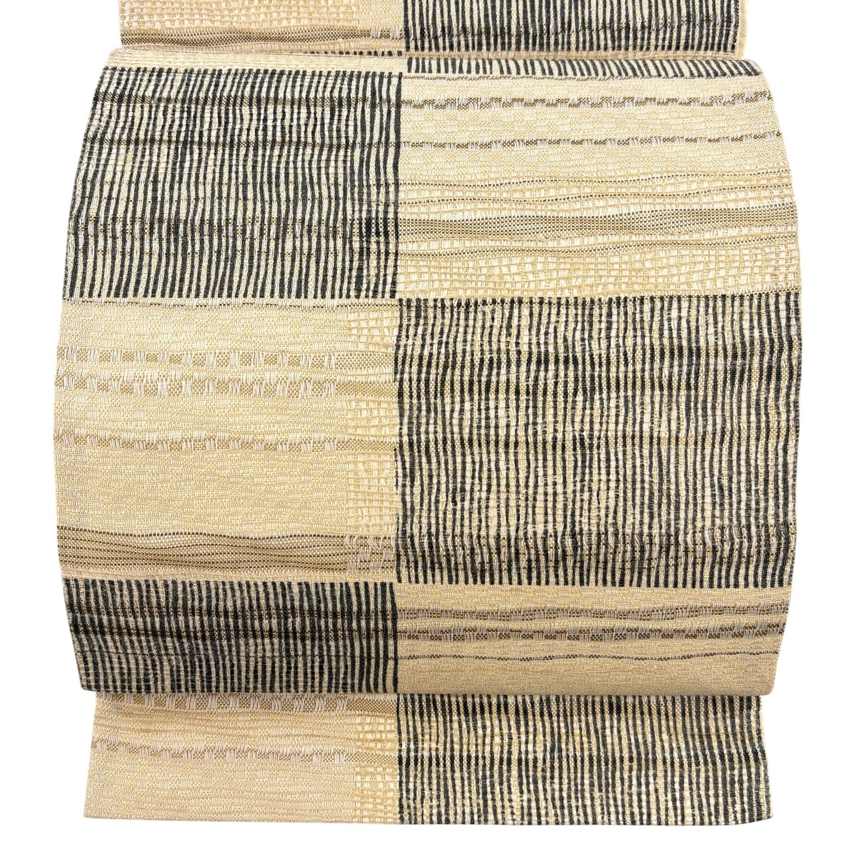 【美品】 袋帯 珠玉 野蚕糸 市松 縞 金糸 ベージュ 全通 正絹 【中古】