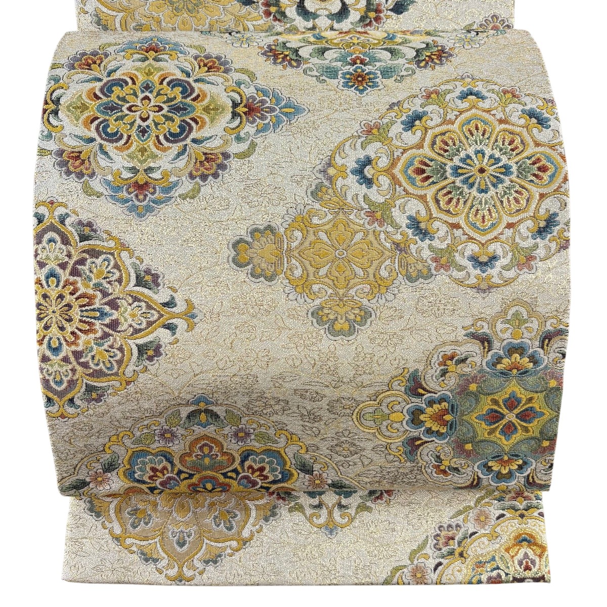 【美品】 丸帯 珠玉 東海道花鳥文 人となり 金糸 箔 灰茶 全通 正絹 【中古】