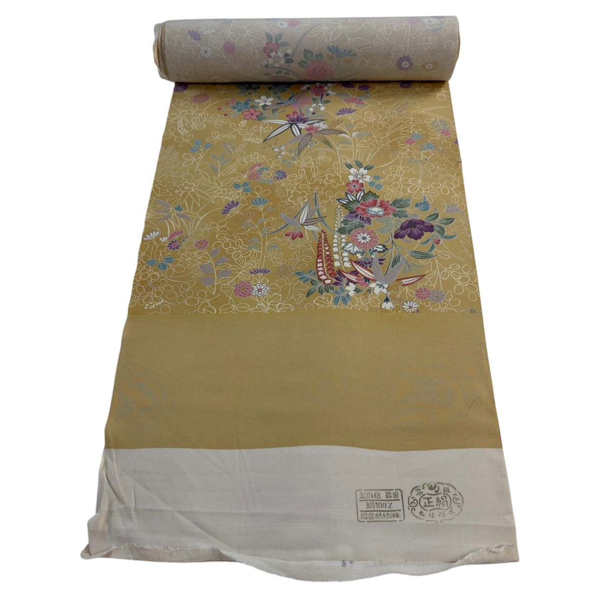 布切れ 秀品 小紋 鳥 顕花植物 金彩 薄イエローオーカー色 正絹 【中古】