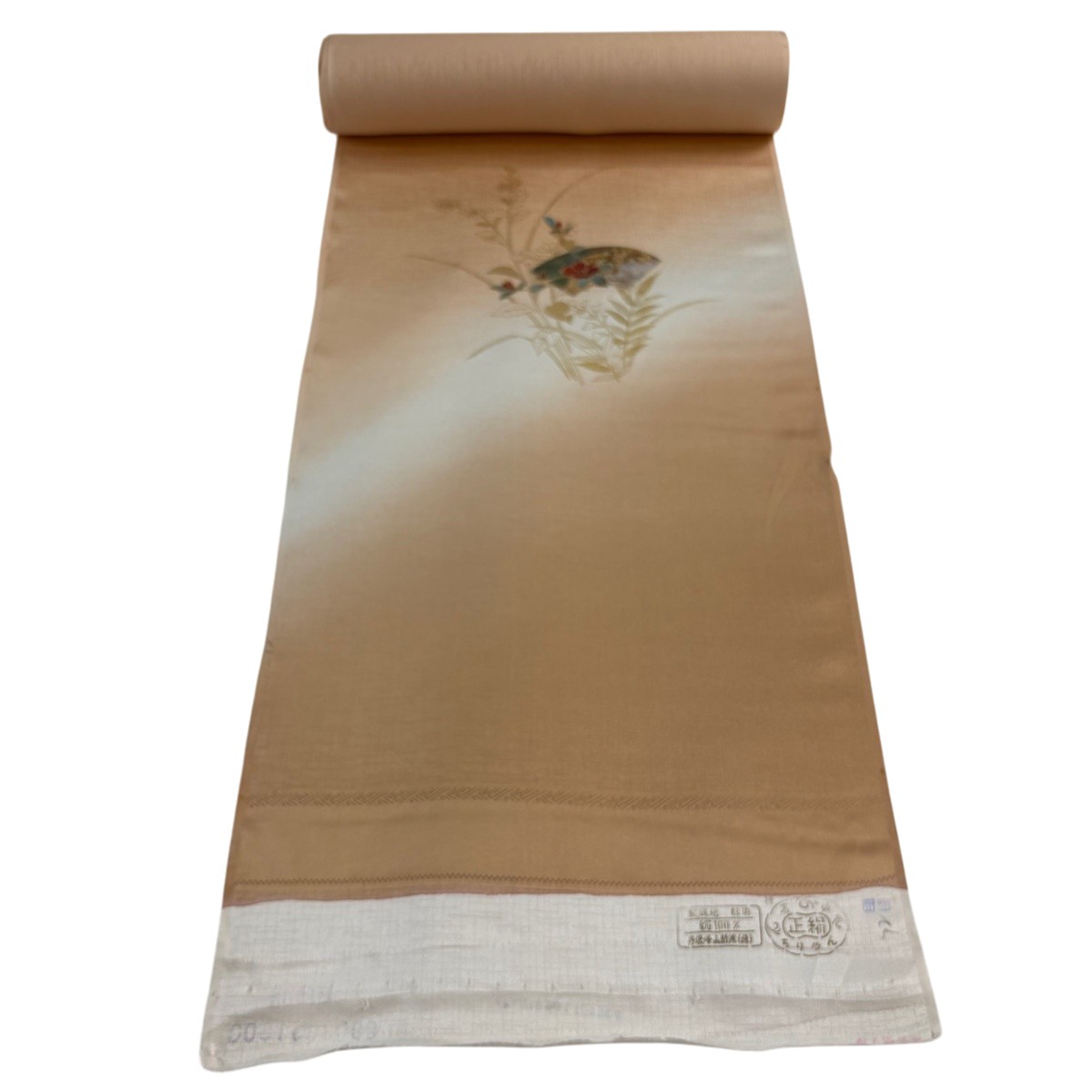 布切れ 秀品 付下げ 扇子 顕花植物 現ナマ彩 薄オレンジ色 正絹 【中古】