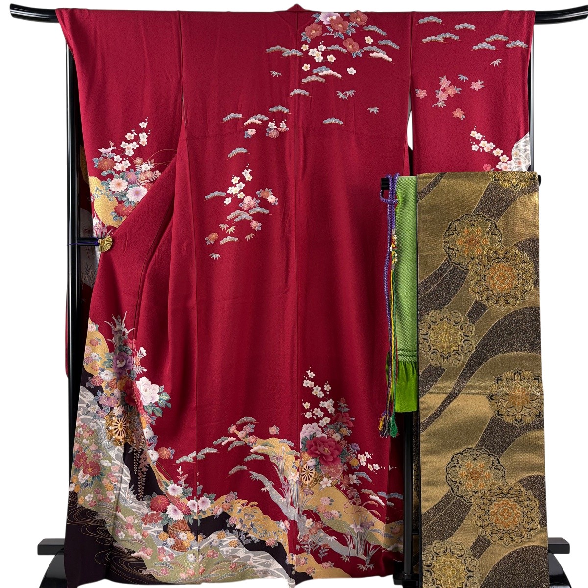 【美品】 振袖 身たけ166.5糎 裄丈68糎 L 袷 袋帯フルセット 割れ易い 水流 金糸 金彩 赤 正絹 秀品 【中古】