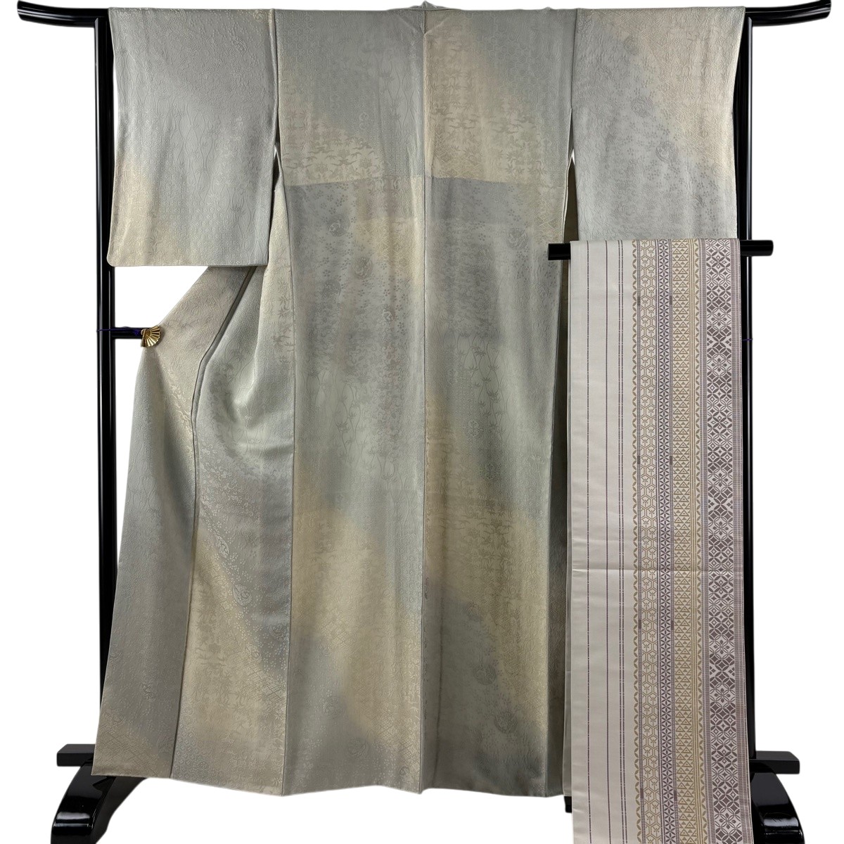 【美品】 小紋 身たけ163糎 裄丈64糎 M 袷 袋帯仕掛ける 地紋 ぼかし 灰緑 正絹 秀品 【中古】
