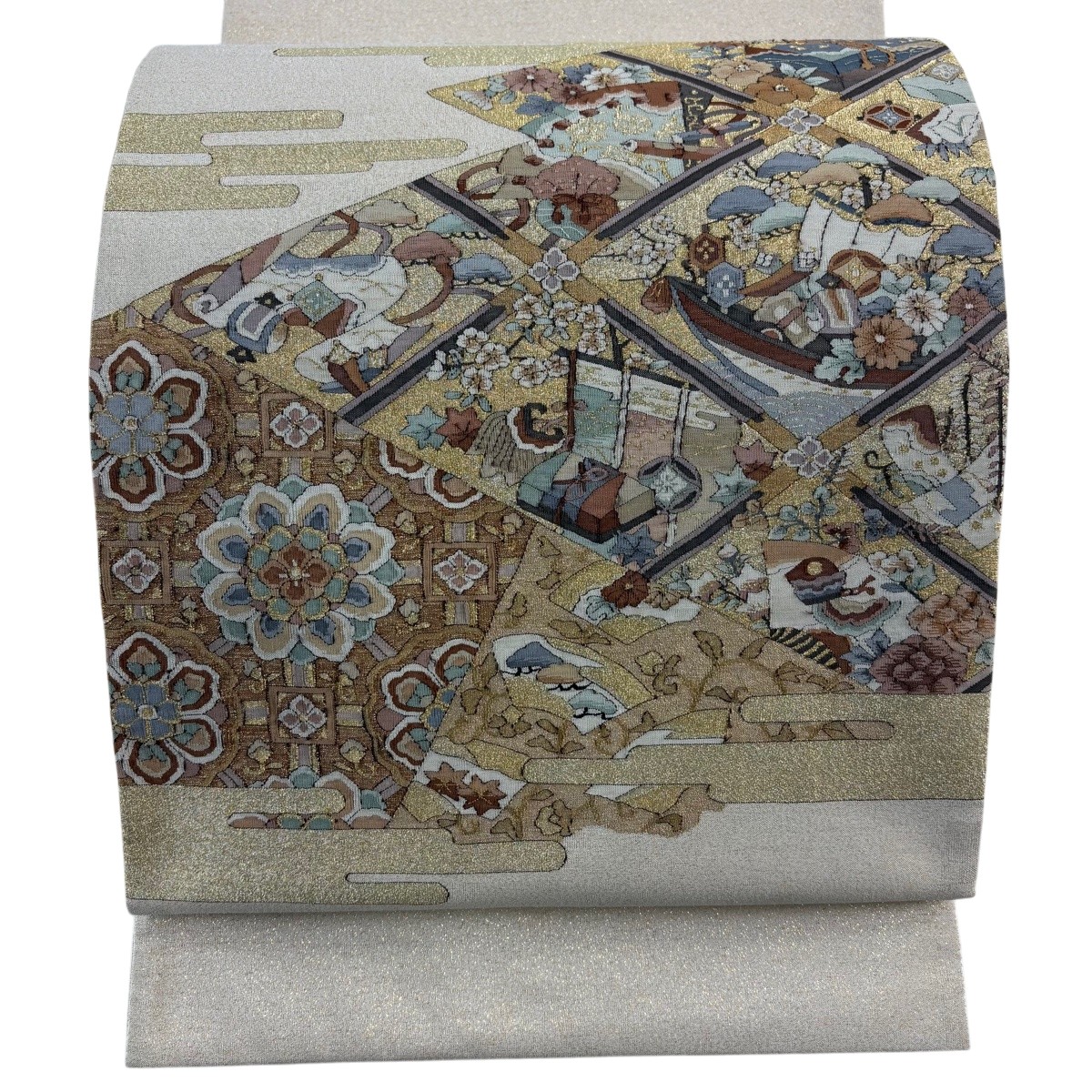 袋帯 珠玉 宝船 華文 金糸 ベージュ お太鼓柄 正絹 【中古】