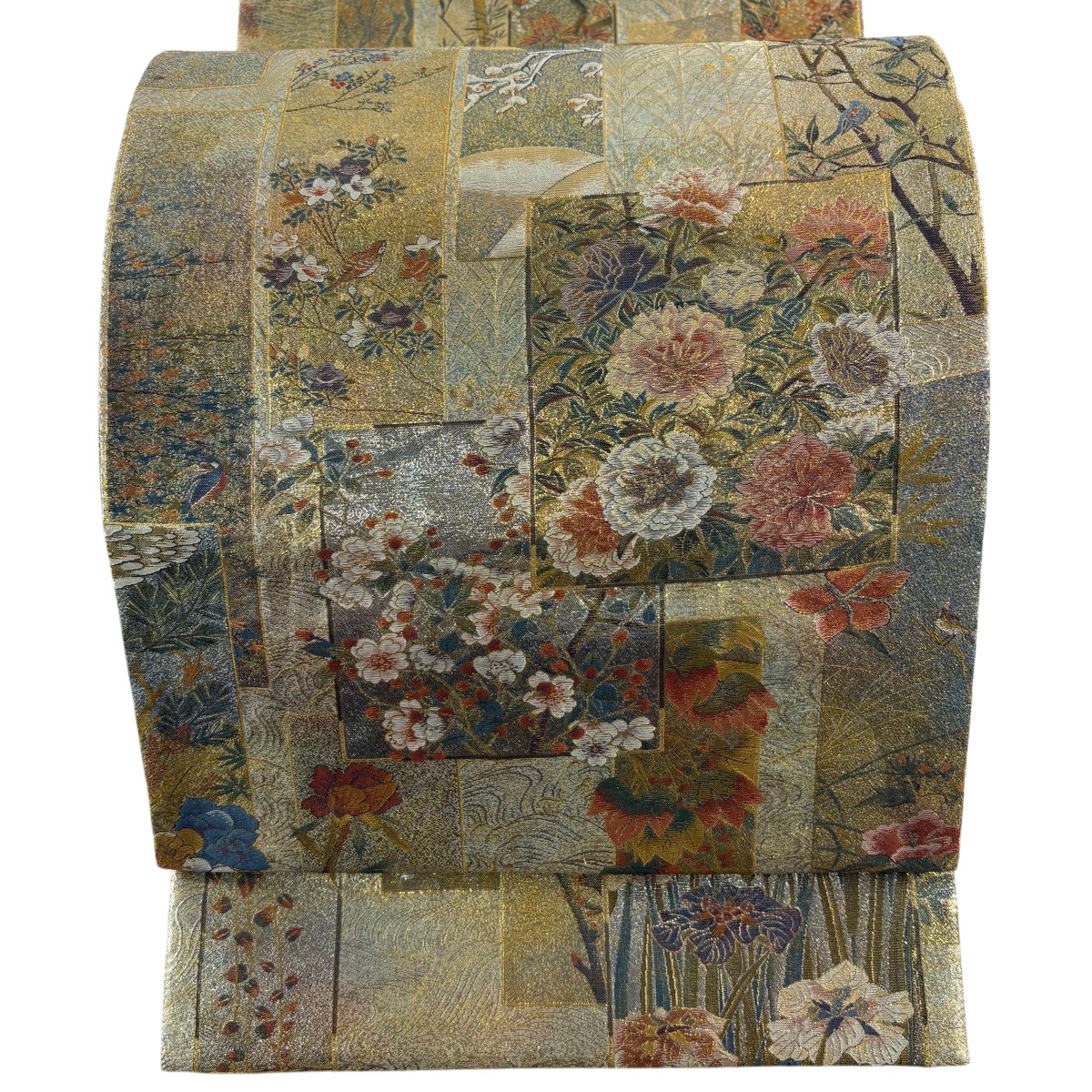 袋帯 珠玉 近代花鳥画 箔 金色 お太鼓柄 正絹 【中古】