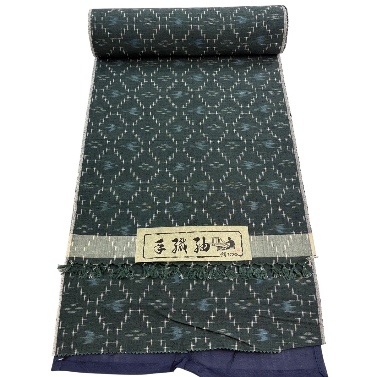 布切れ 秀品 紬 曲がった透かし彫り 燕 緑 正絹 【中古】
