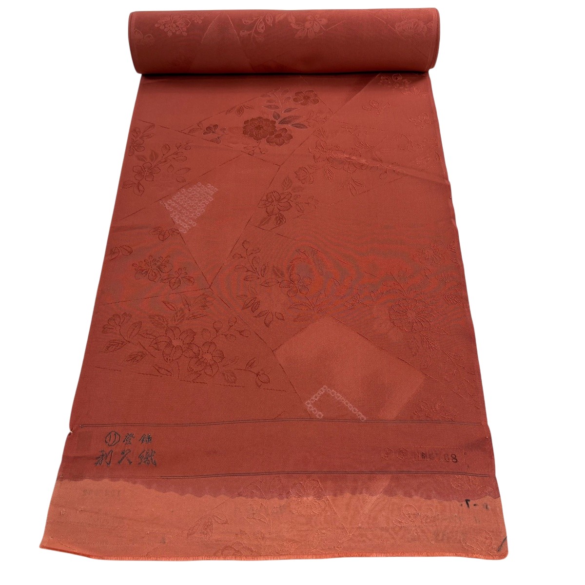 織り地 秀品 小紋 顕花植物 絞り 赤茶 正絹 【中古】