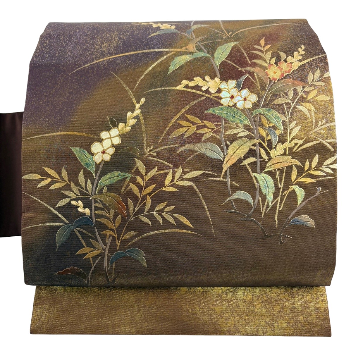 【美品】 名古屋帯 秀品 草花 螺鈿 金彩 金茶 正絹 【中古】｜バイセル 店