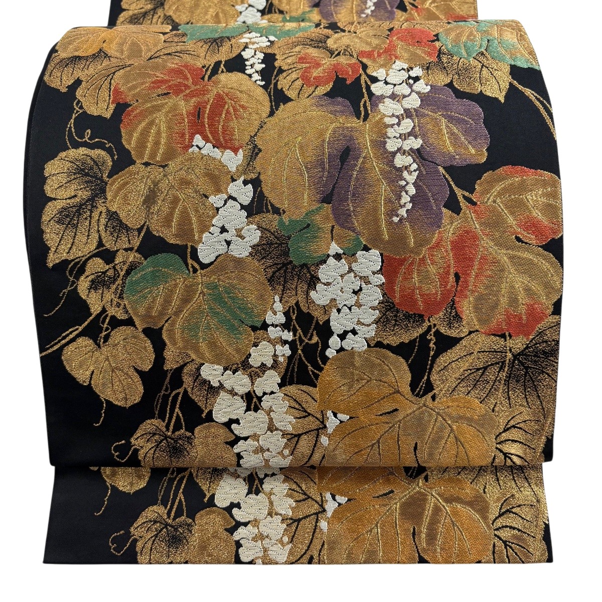 【美品】 袋帯 名篇 顕花植物 現ナマ糸 箔 黒 六通 正絹 【中古】