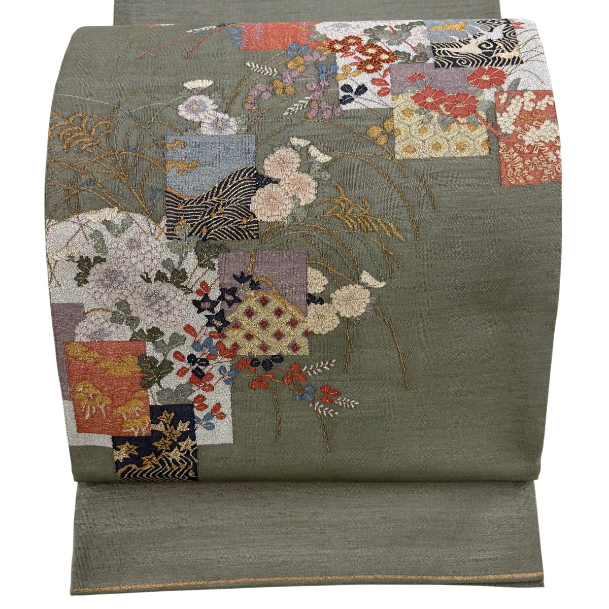 【美品】 袋帯 珠玉 綴れ 関西仕立てもの 菊 被子植物 現ナマ糸 灰緑 お太鼓柄 正絹 【中古】