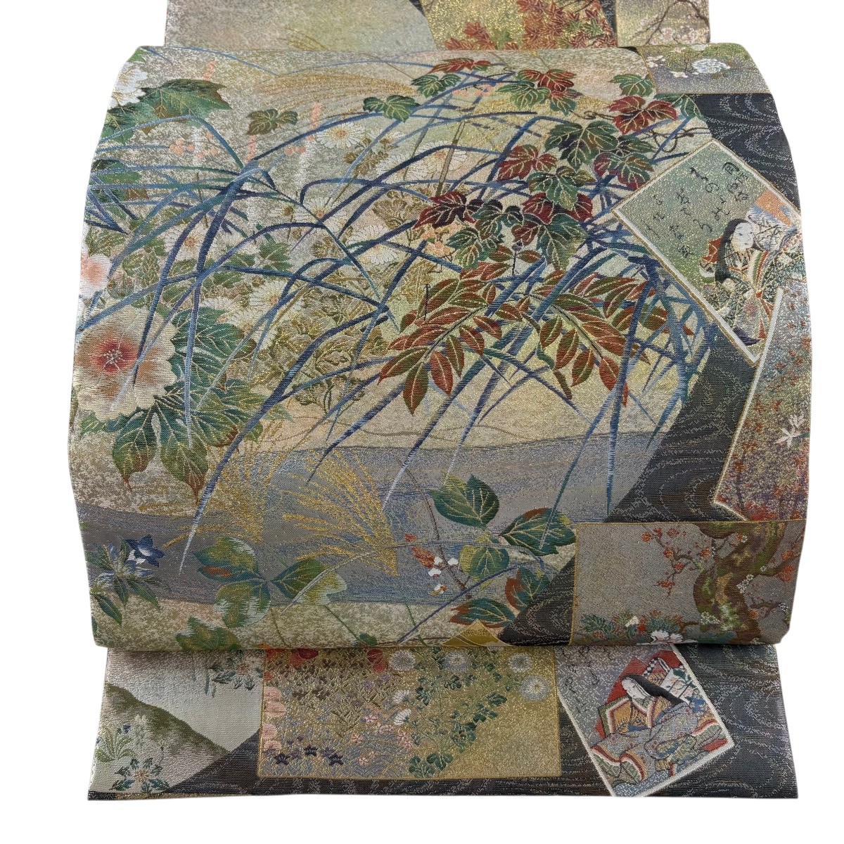 【美品】 丸帯 珠玉 日本図面全集 箔 金糸 青薄墨色 お太鼓柄 正絹 【中古】