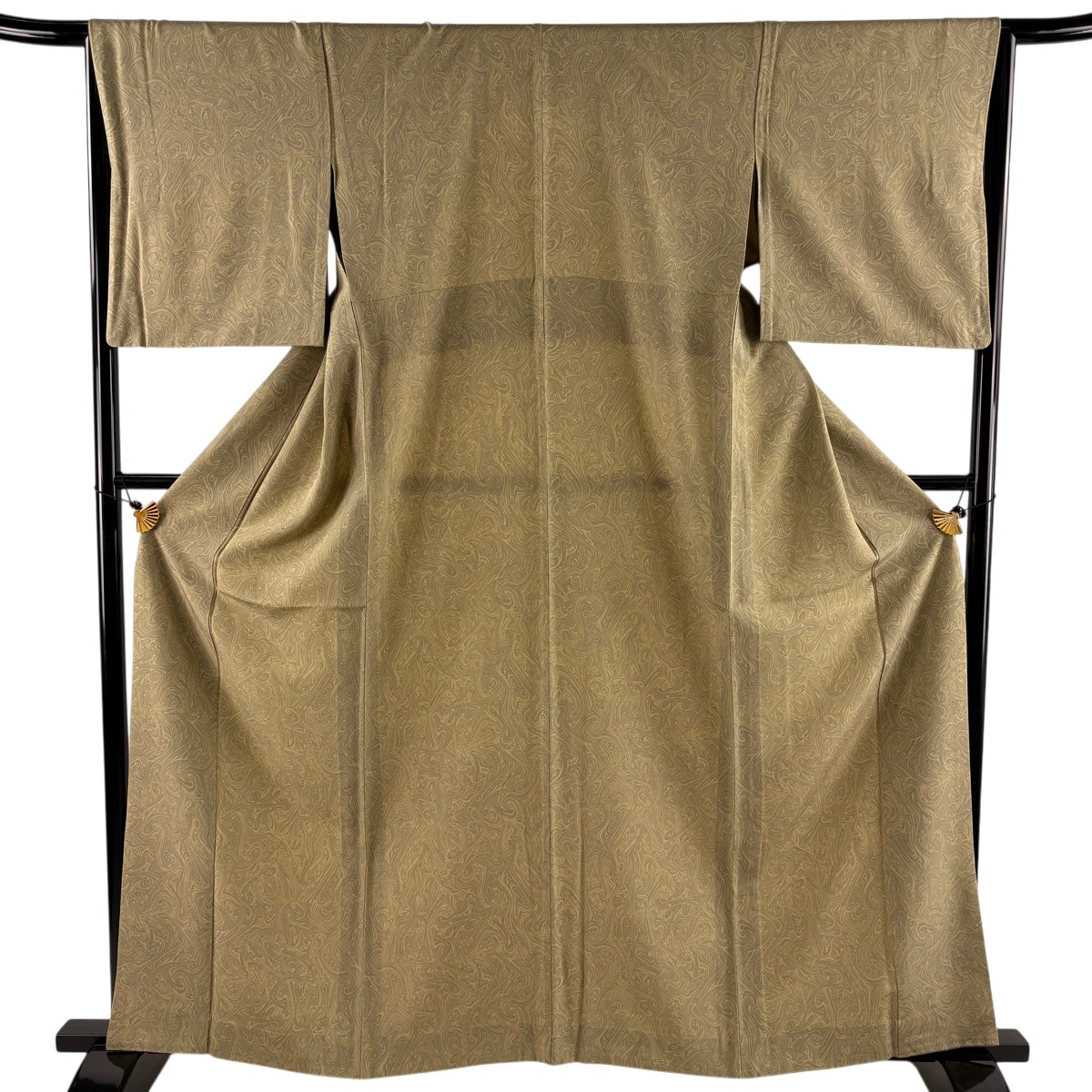 【美品】 小紋 身の丈162珊 裄丈65.5珊 M 単衣 墨流し 灰緑 正絹 神品 【中古】