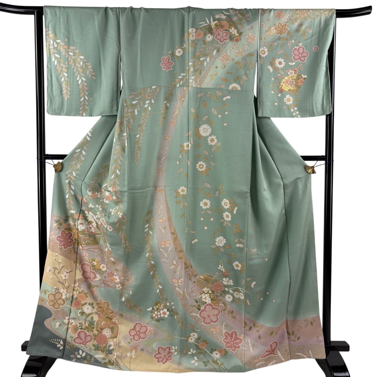 【美品】 短い訪問着 身の丈167珊 裄丈66.5珊 M 袷 顕花植物 桧扇 金彩 染分け 薄緑 正絹 珠玉 【中古】