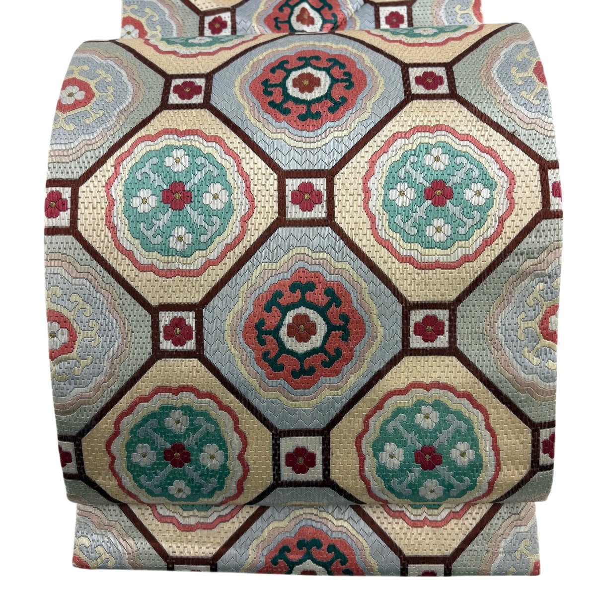 袋帯 珠玉 蜀江華文 絽刺し 金糸 ベージュ 全通 正絹 【中古】