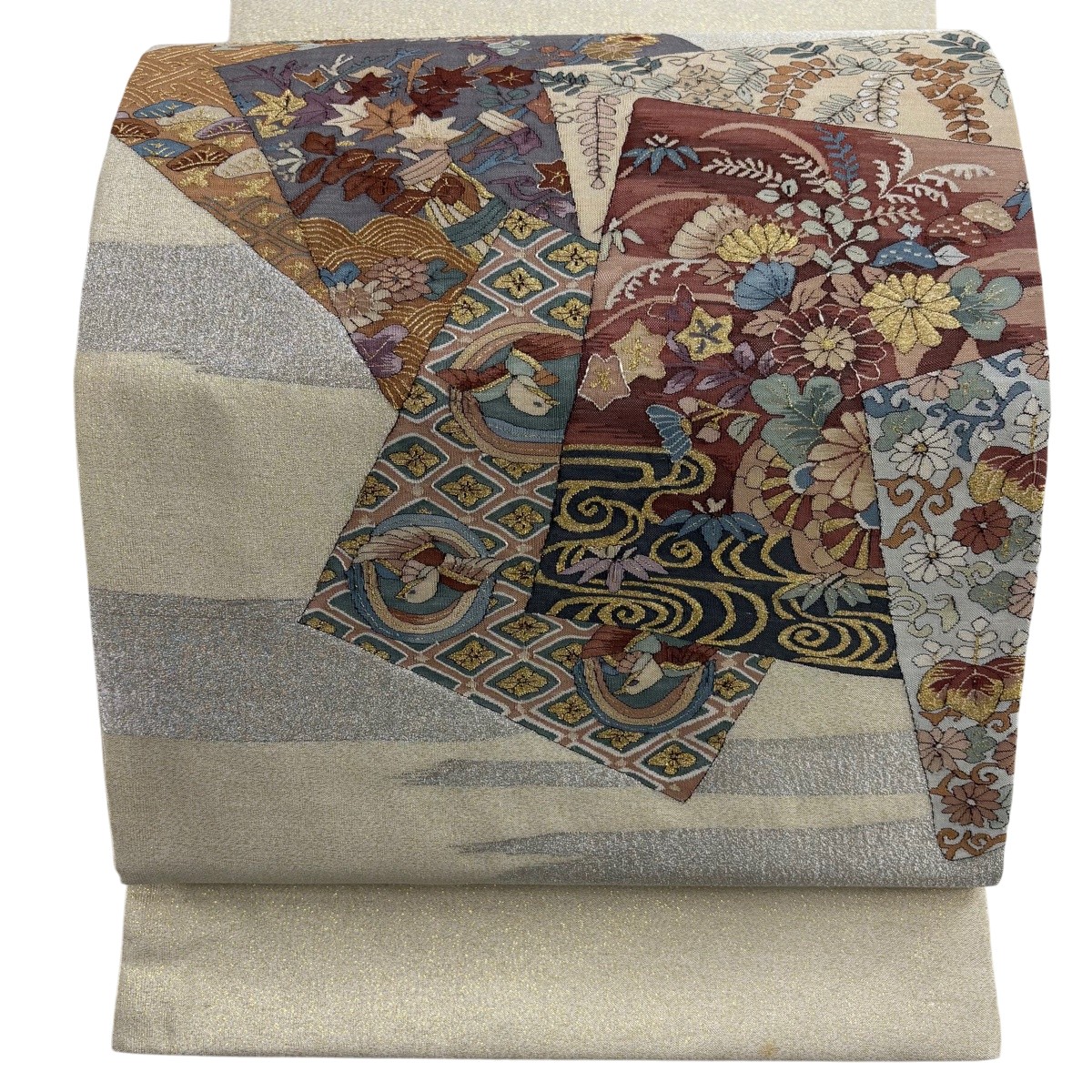袋帯 珠玉 色紙 花鳥 現ナマ糸 ベージュ お太鼓柄 正絹 【中古】