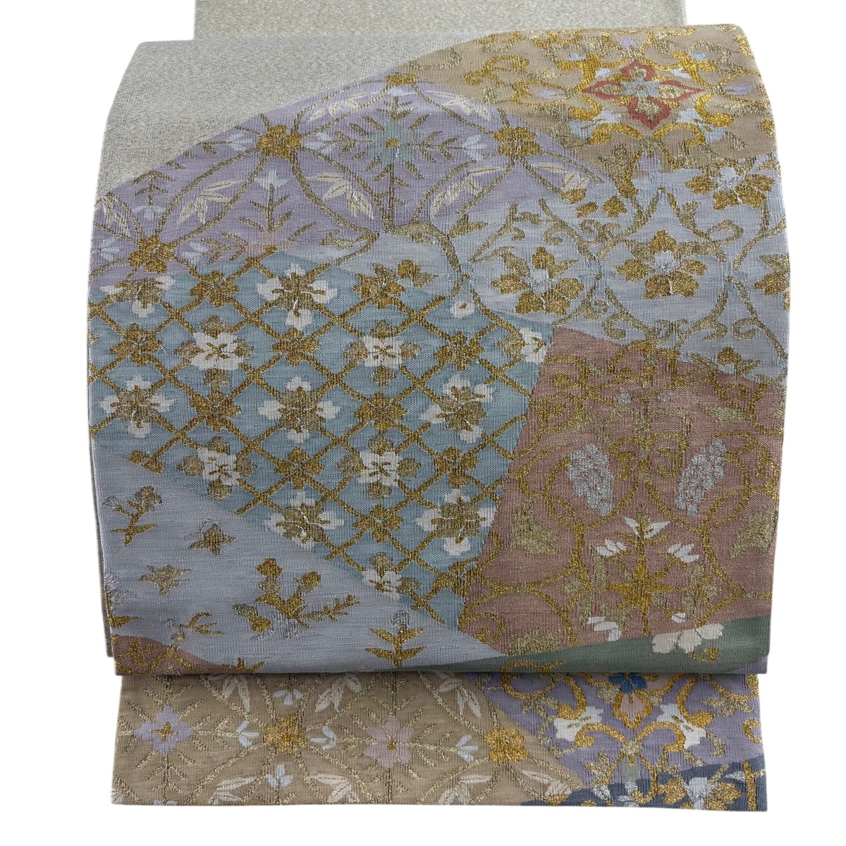 【美品】 袋帯 珠玉 華文 花唐草 現ナマ糸 青薄墨色 お太鼓柄 正絹 【中古】