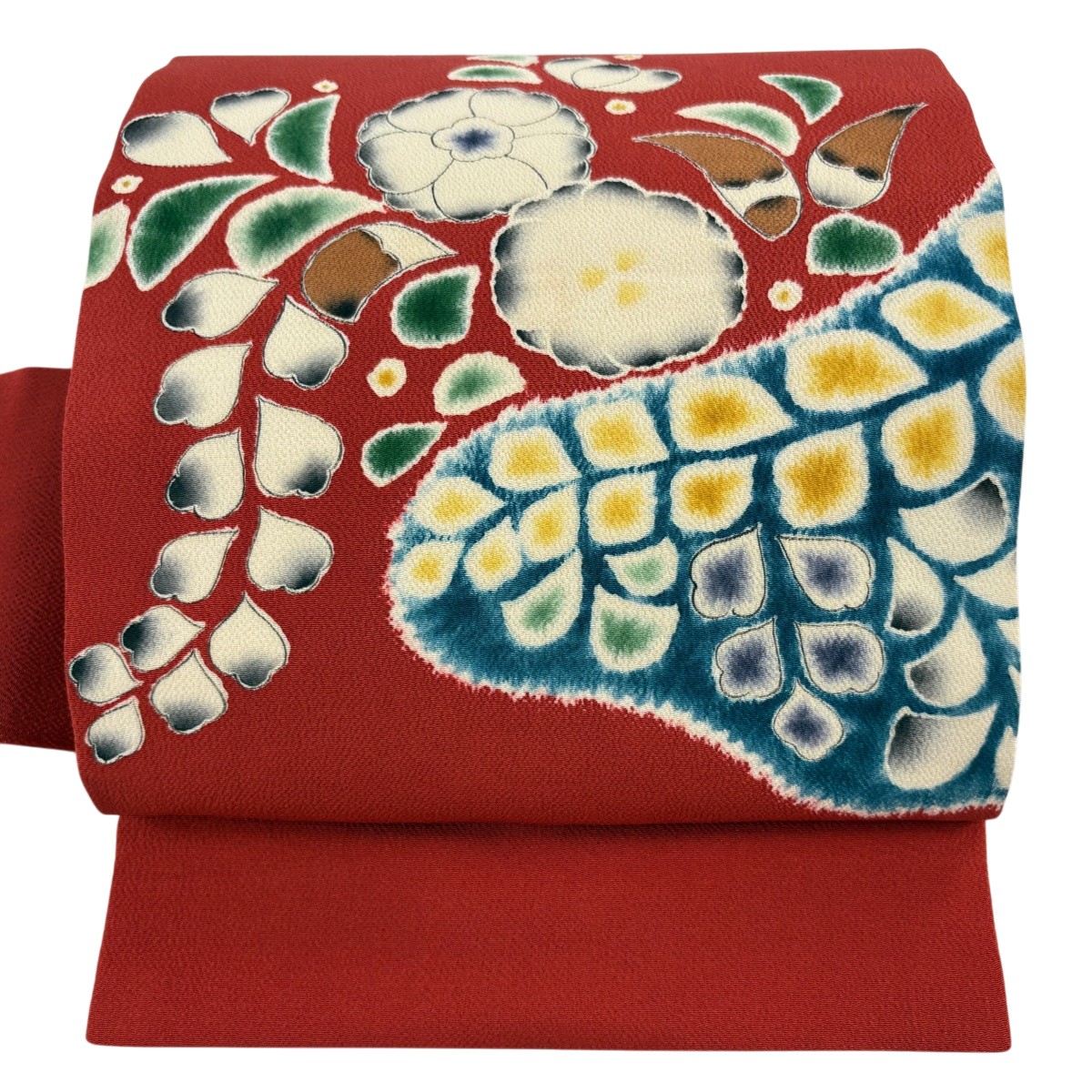 【美品】 名古屋帯 神品 名書きあり 顕花植物 クレープ 赤 正絹 【中古】