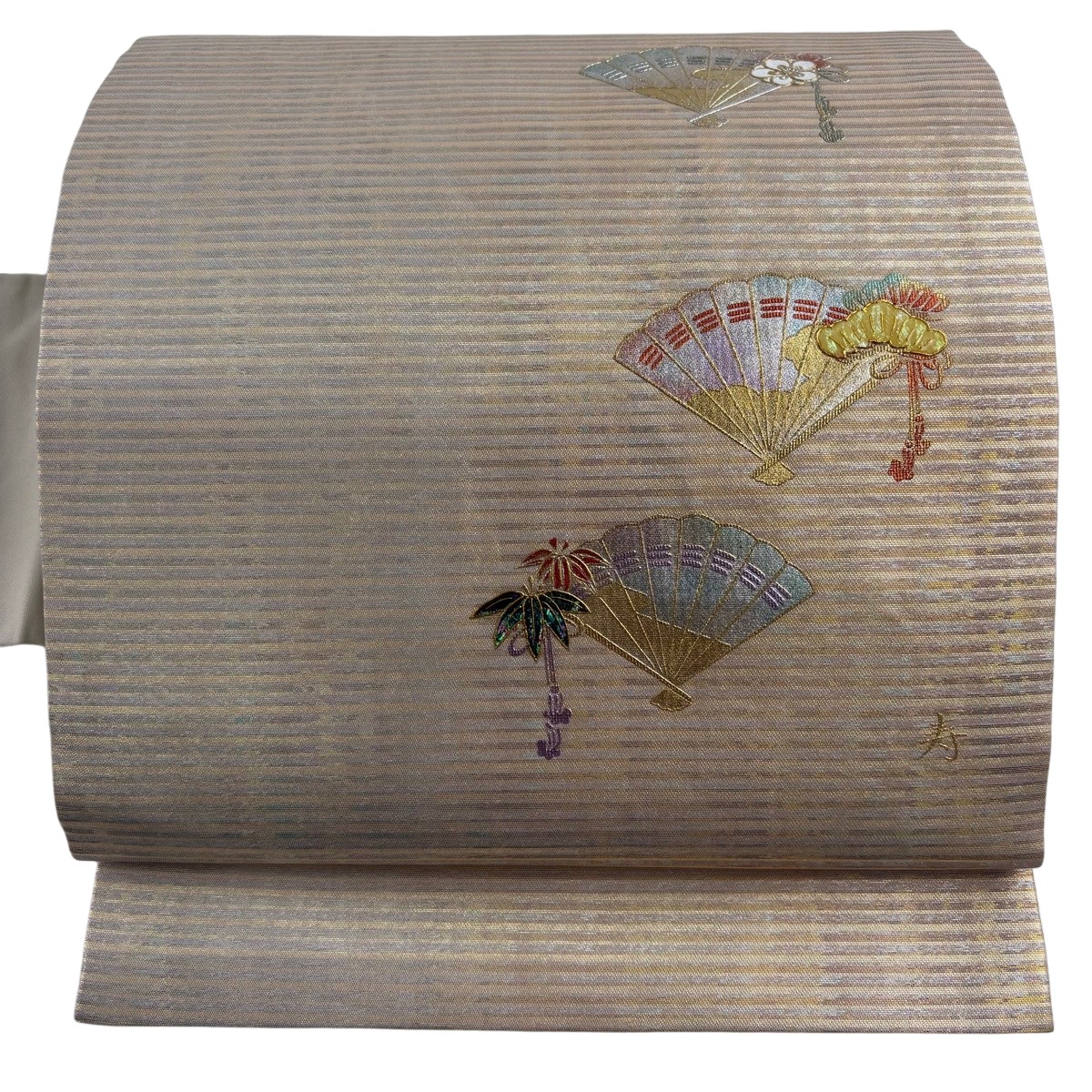 【美品】 名古屋帯 神品 檜扇 松竹梅 螺鈿 現ナマ彩 金色 正絹 【中古】