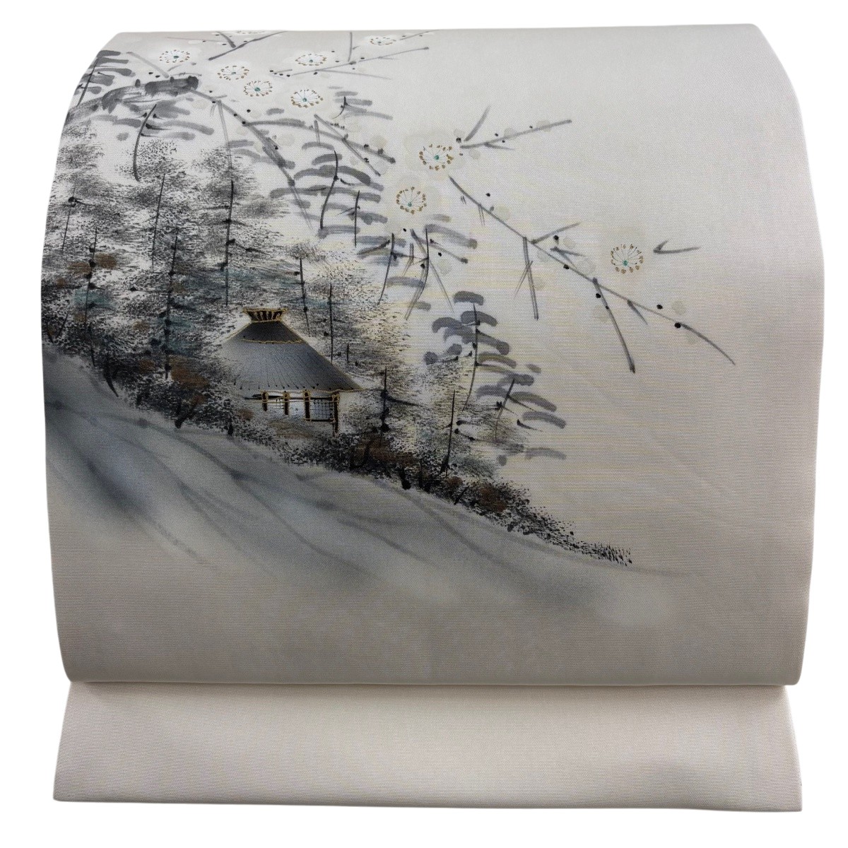 【美品】 開き名古屋帯 神品 建築物 枝梅 金彩 皮膚軟化剤 正絹 【中古】