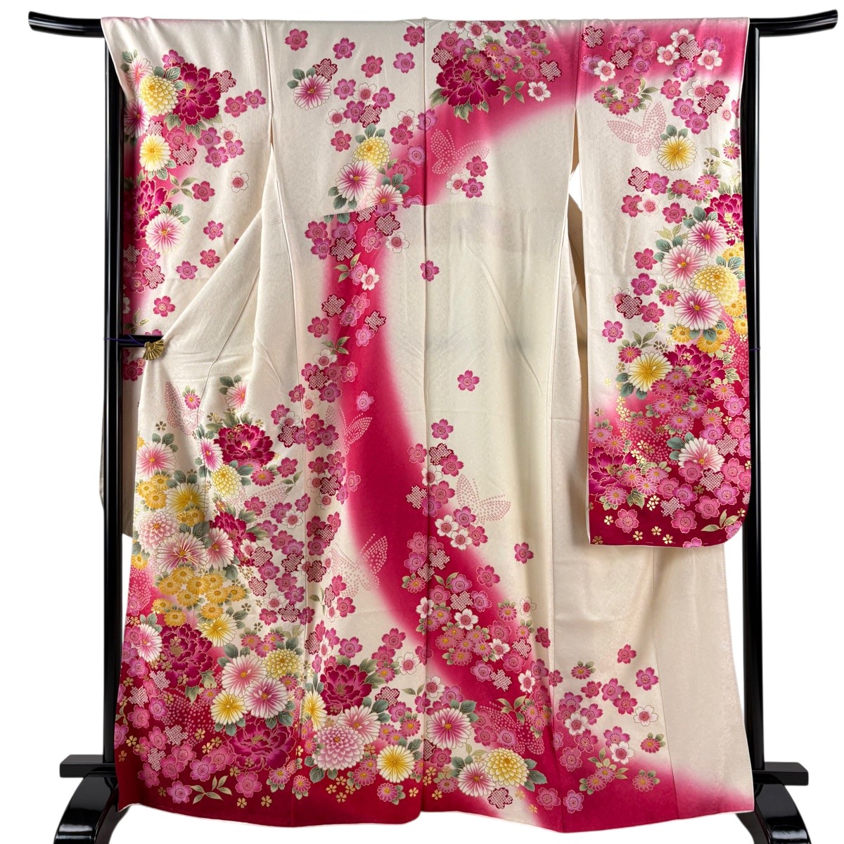 【美品】 振袖 身の丈167珊 裄丈66.5珊 M 袷 菊 桜 銀通し 金糸 さくら色 正絹 珠玉 【中古】