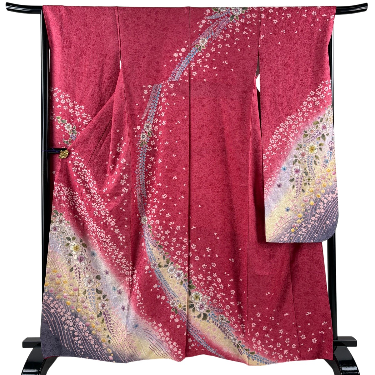 【美品】 振袖 身の丈164.5珊 裄丈67珊 M 袷 辻ヶ花 桜 金通し 金彩 濃さくら色 正絹 珠玉 【中古】