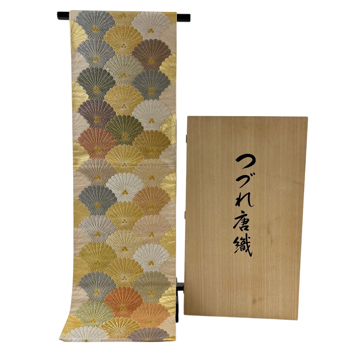 袋帯 珠玉 共箱付き添い人 花 唐織 金糸 金色 六通 正絹 【中古】