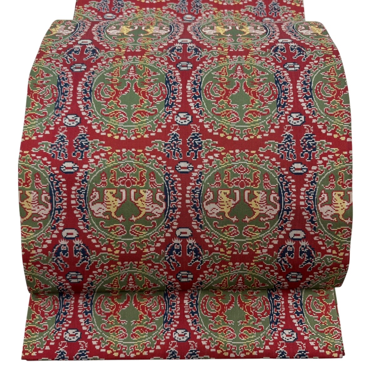 【美品】 開き名古屋帯 神品 龍村芸術布切れ 比翼仕立てもの 円文白虎朱雀錦 赤 正絹 【中古】