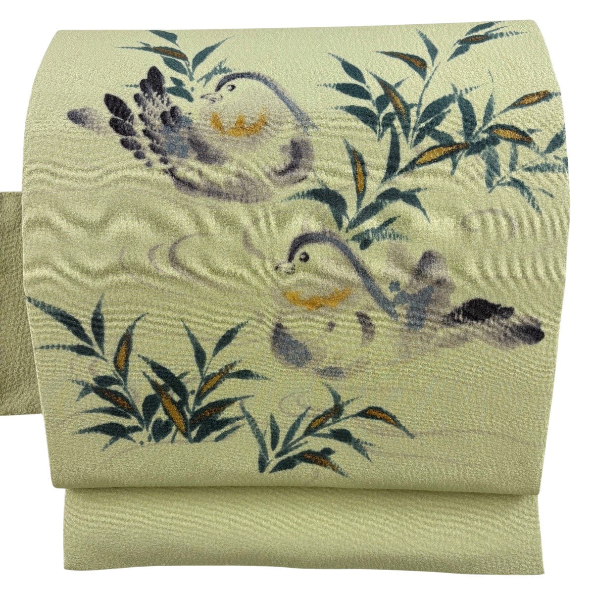 【美品】 名古屋帯 神品 名書きあり 山科春宣 鴛鴦 葉 金彩 クレープ 抹茶色 正絹 【中古】