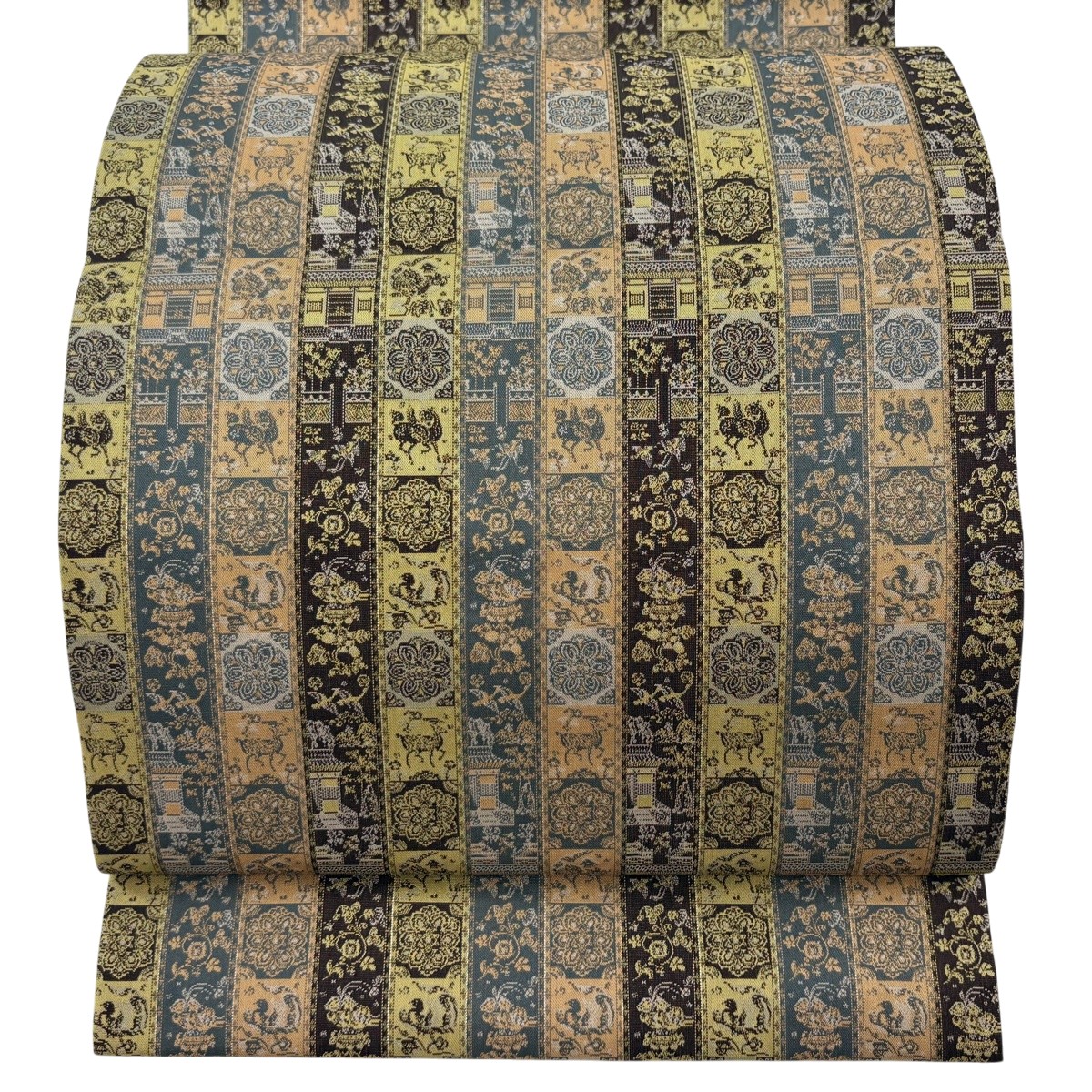【美品】 開き名古屋帯 珠玉 龍村芸術布切れ 証紙あり 紅牙瑞錦 銀糸 青薄墨色 正絹 【中古】