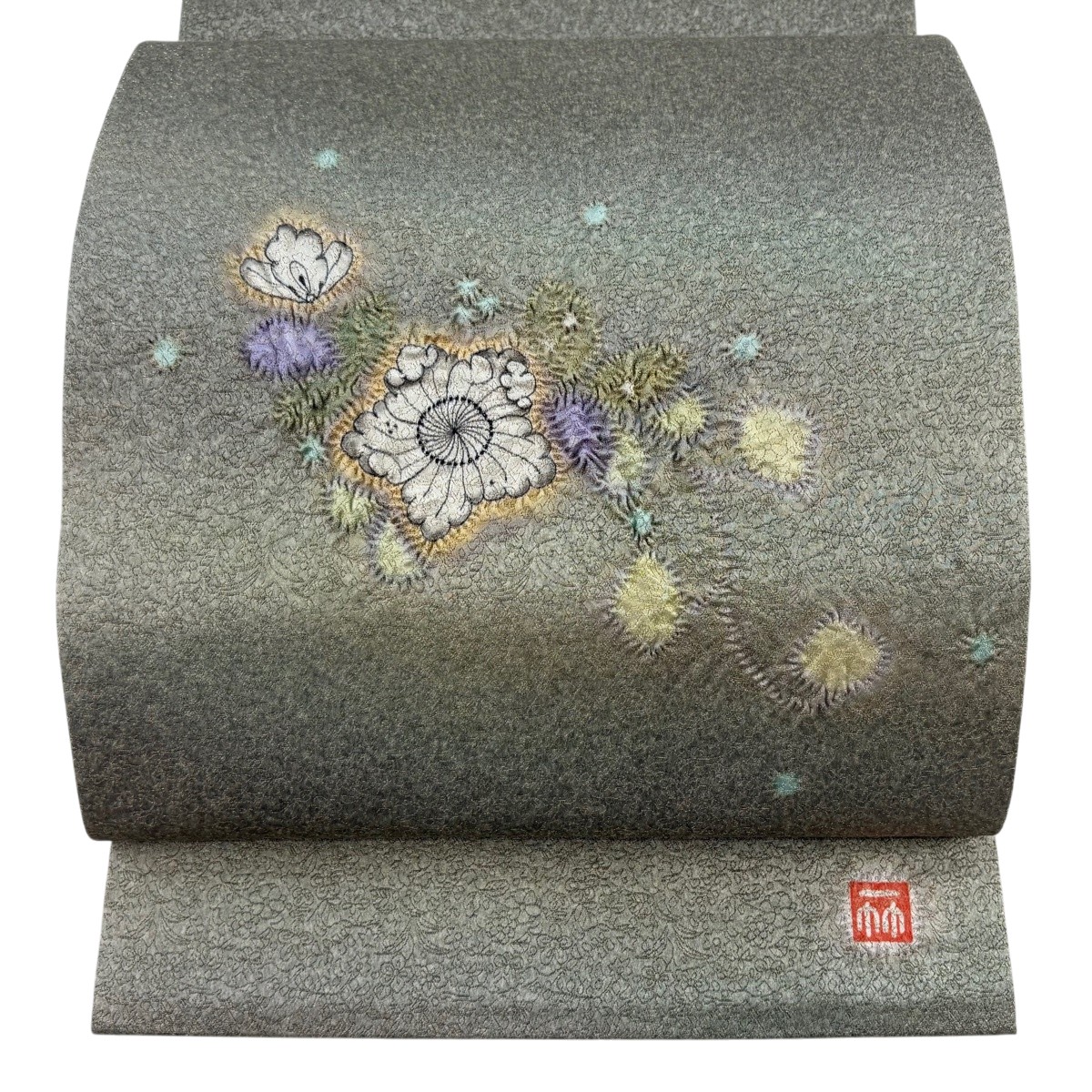 【美品】 袋帯 珠玉 久保田一竹制作室 名書きあり 辻が花 金通し 灰緑 お太鼓柄 正絹 【中古】