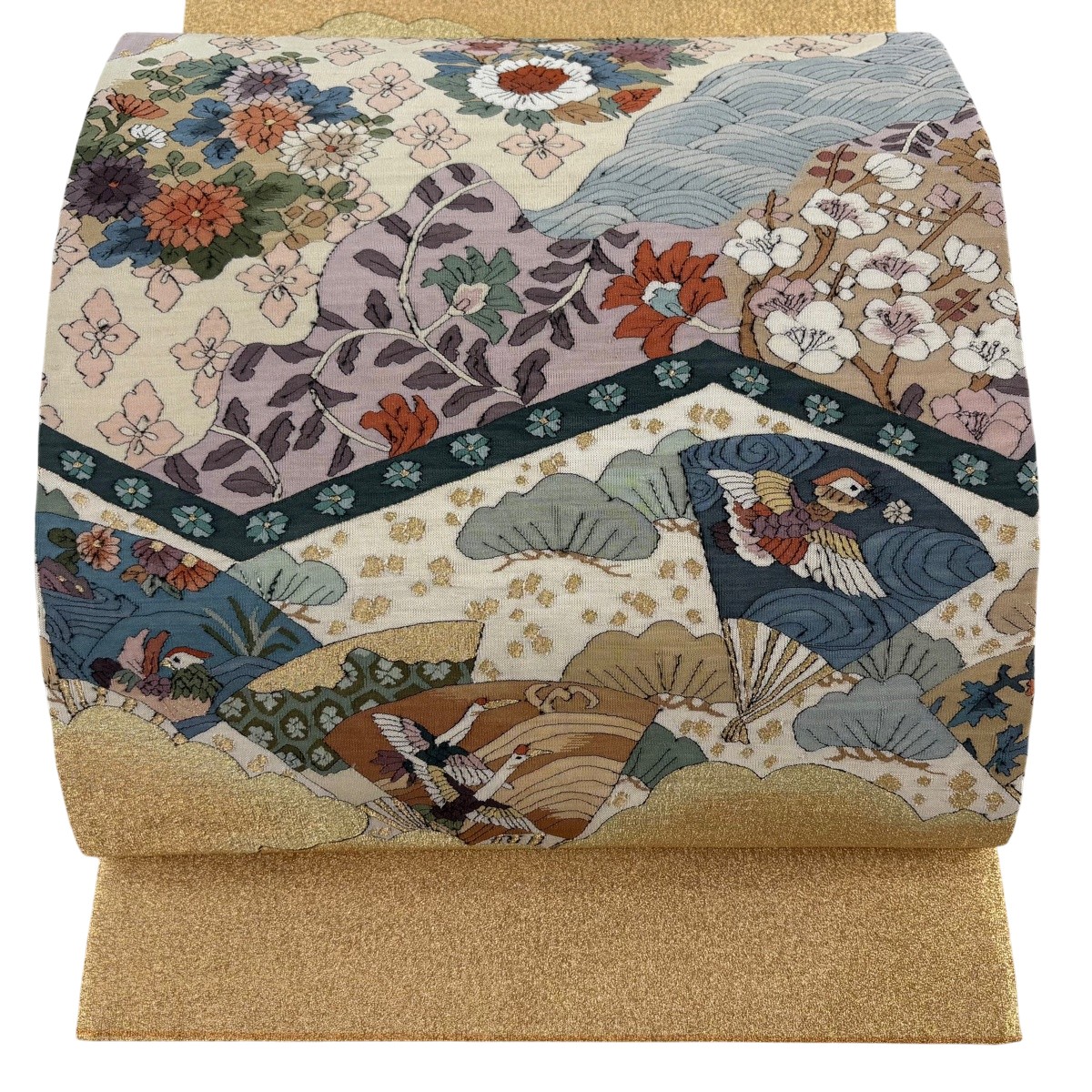 【美品】 袋帯 珠玉 顕花植物 扇 金糸 金色 お太鼓柄 正絹 【中古】