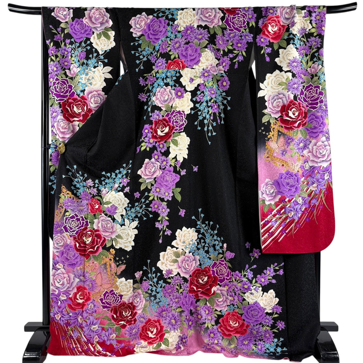 【美品】 振袖 身の丈174珊 裄丈68.5珊 L 袷 ローズ 蝶 銀通し 金彩 黒 正絹 珠玉 【中古】