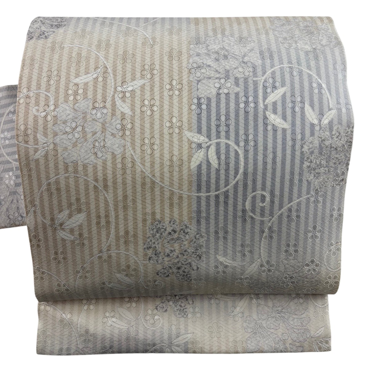 【美品】 名古屋帯 神品 花唐草 縞 ベージュ 正絹 【中古】