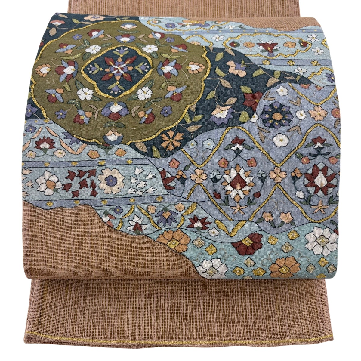 袋帯 珠玉 夏帯 華文 顕花植物 金糸 赤銅色 お太鼓柄 正絹 【中古】