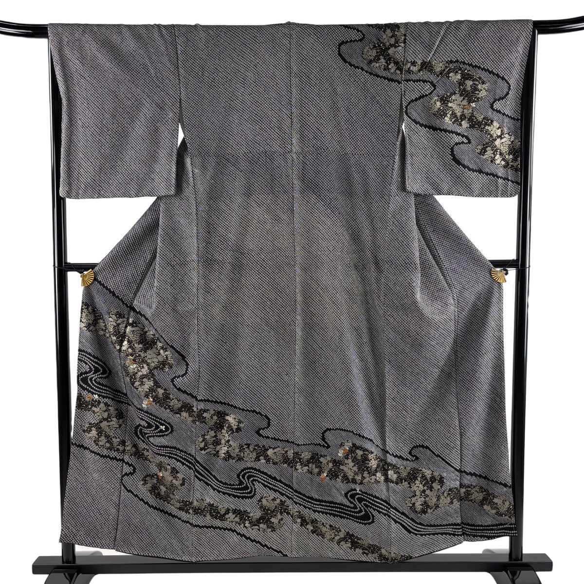 【美品】 短い訪問着 身の丈155.5珊 裄丈65.5珊 M 袷 秋草 水筋 絞り 現ナマ彩 黒灰 正絹 神品 【中古】