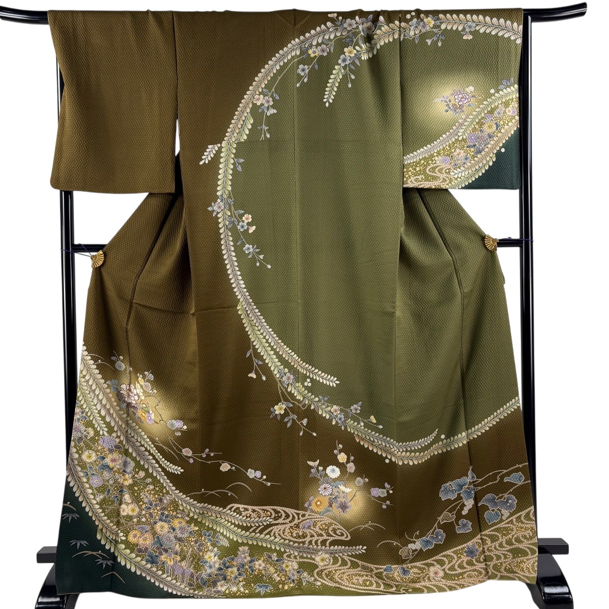 訪問着 身丈168cm 裄丈69cm L 袷 草花 枝梅 金糸 金彩 茶緑色 正絹 名品 【中古】｜バイセル 店