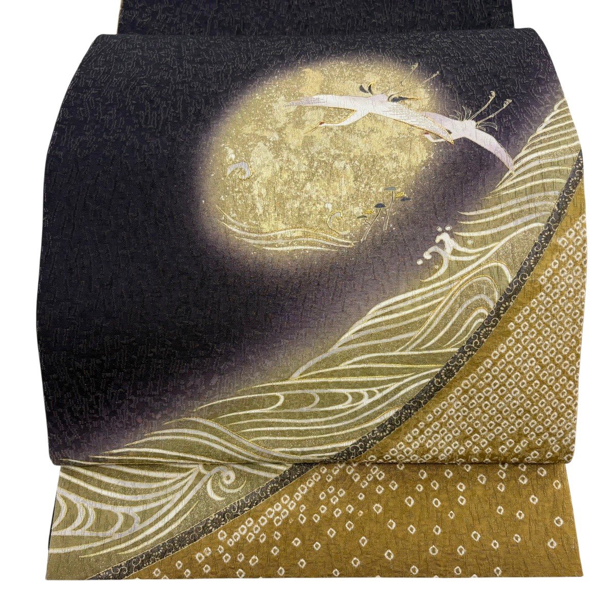 【美品】 袋帯 珠玉 名書きあり 大喜百花 鶴 波 金糸 金彩 濃紫 お太鼓柄 正絹 【中古】
